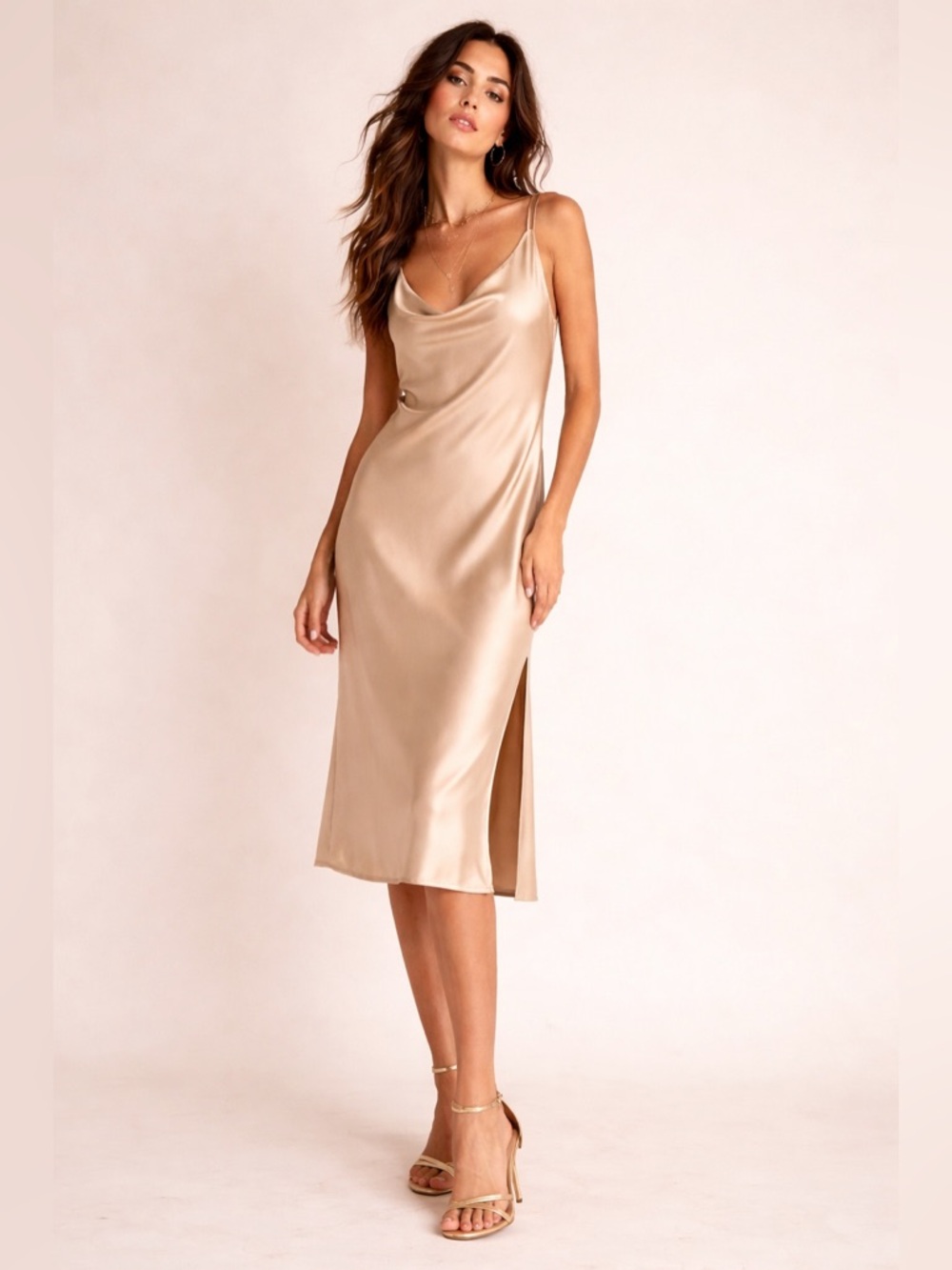 ZARA HOME 90s Satin Maxi Slip Dress Champagne Gold Cowl Neck Size M